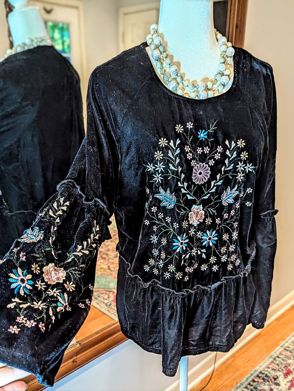 Imported Black Velvet Embroidered Peasant Tunic